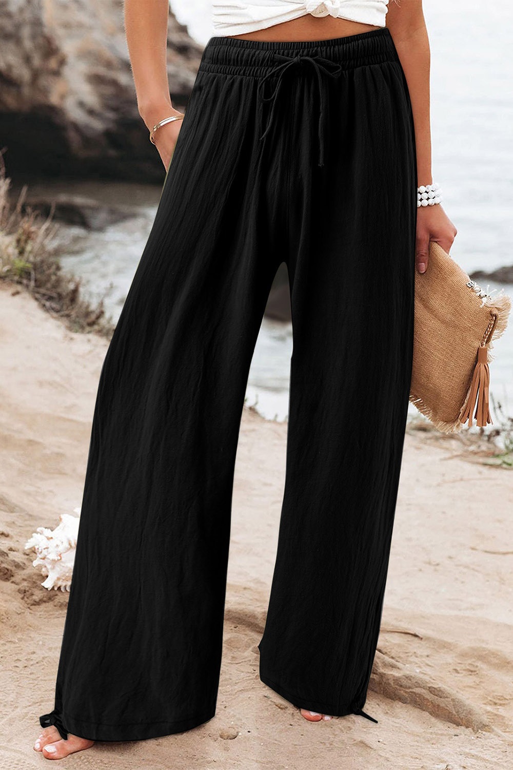 Plus Size Vacation Light Brown Cotton And Linen Pocket Drawstring Wide Leg Pants 2024 - Flycurvy 