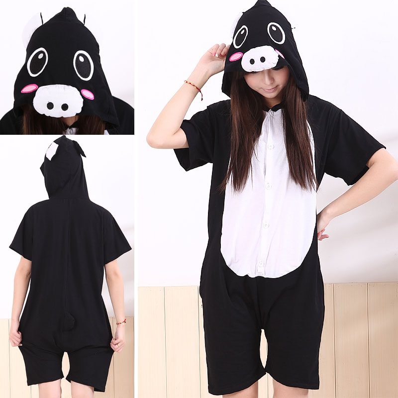 Black Pig Pajamas Animal Onesie Hoodie Kigurumi Short Sleeve-Pajamasbuy