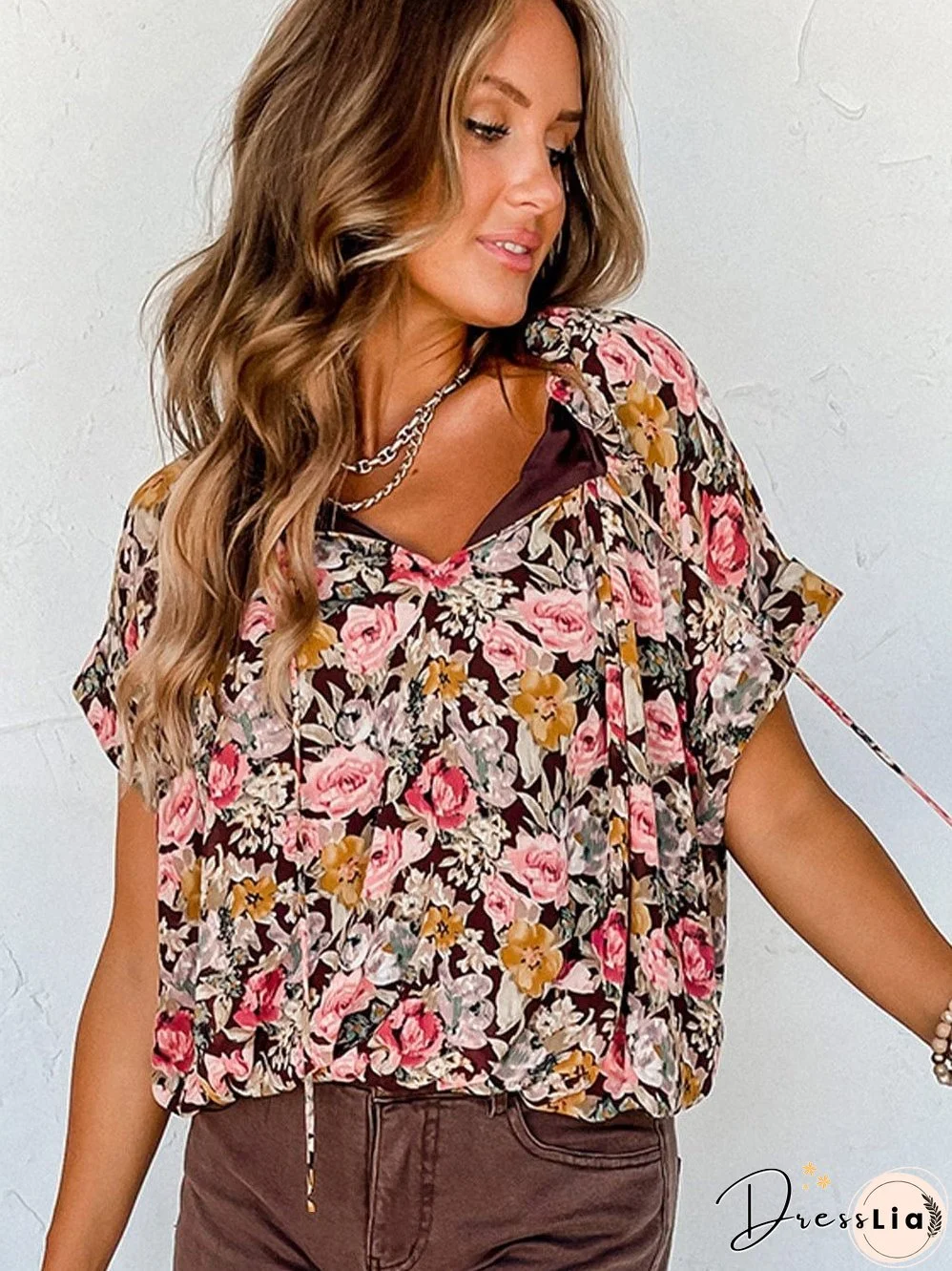Short Sleeve Floral Blouse with Bubble Hem