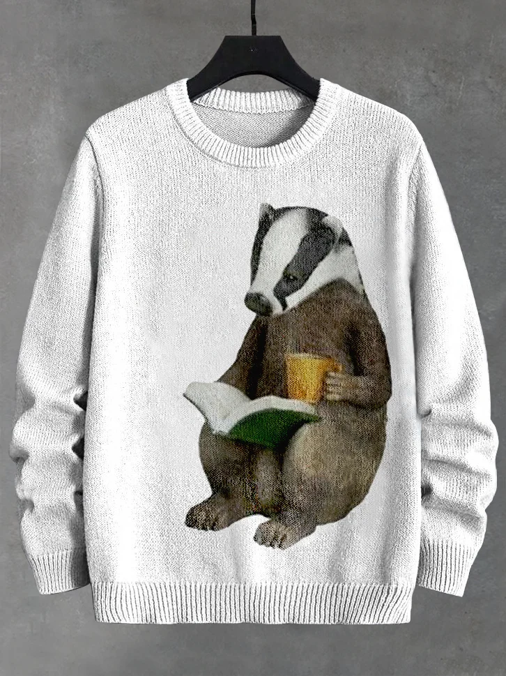 Men's Honey Badger Reading Art Print Knit Sweatshirt