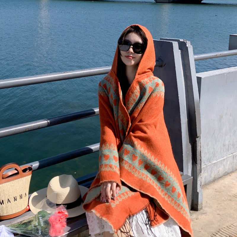Ethnic Style Hooded Shawl Cloak Lijiang Xinjiang Tibet Northwest Tourism Wear Photograph Warm Outer Cape