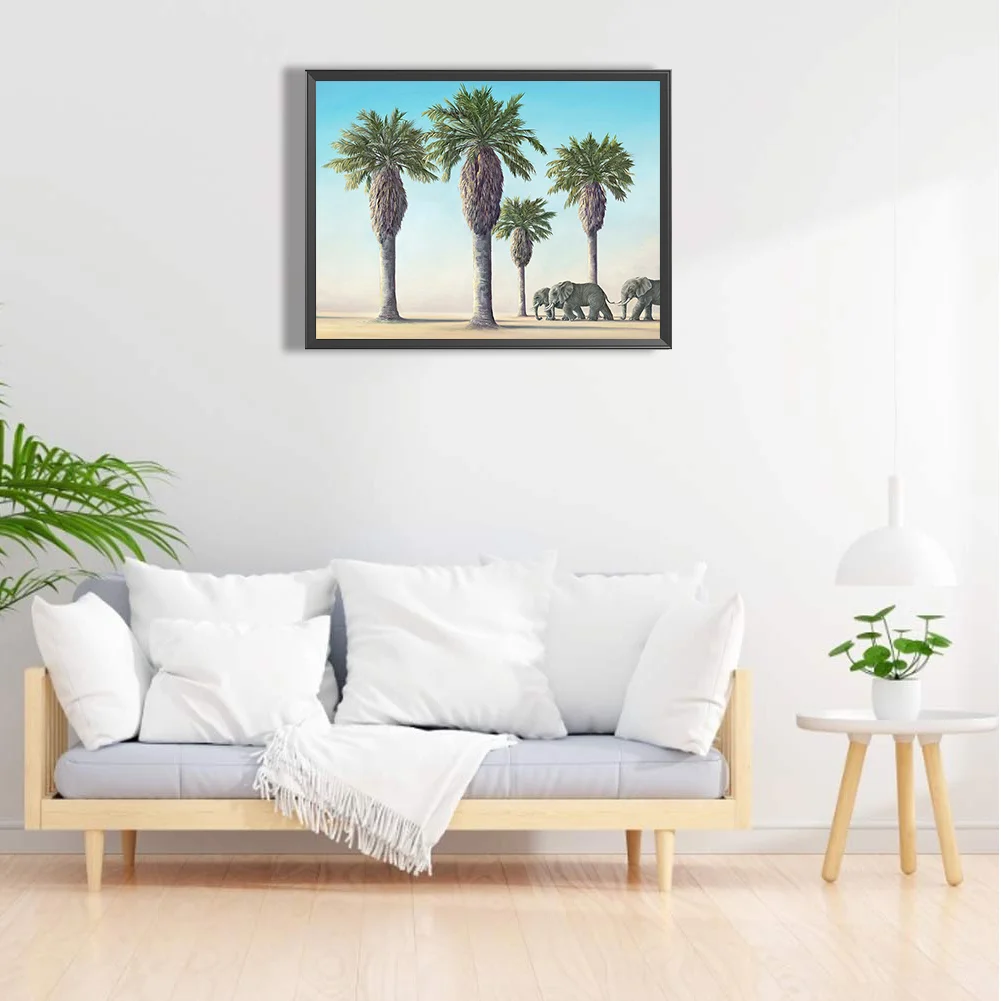 Full Round Diamond Painting 35*30cm - Palm Trees And Elephants