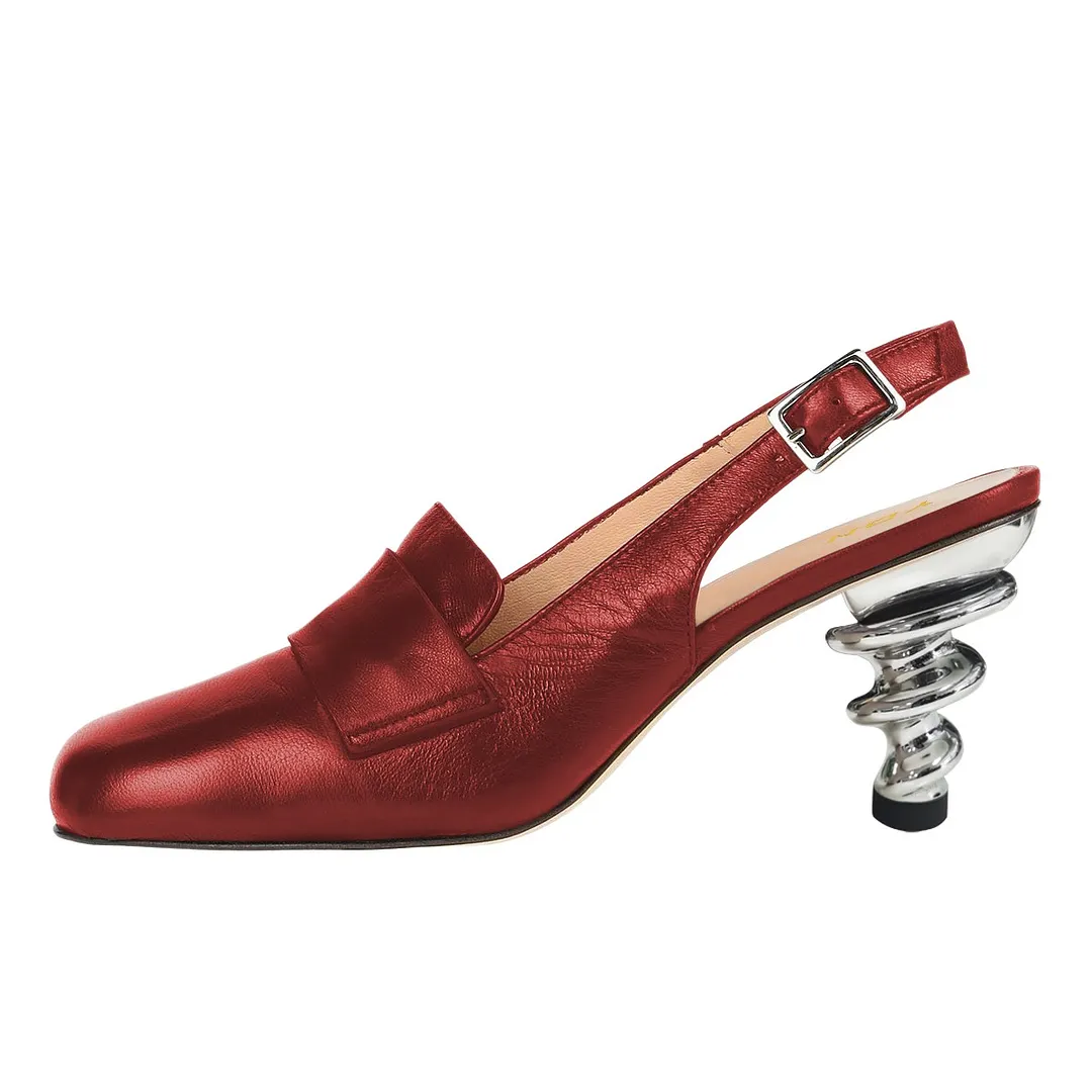 Ladies' Square Toe Loafer Red Pumps 3 Inch Slingback High Heels