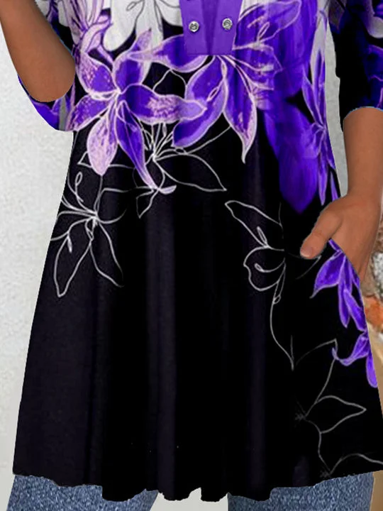 (PRE ORDER)Women Long Sleeve Scoop Neck Floral Printed Graphic Button Tops