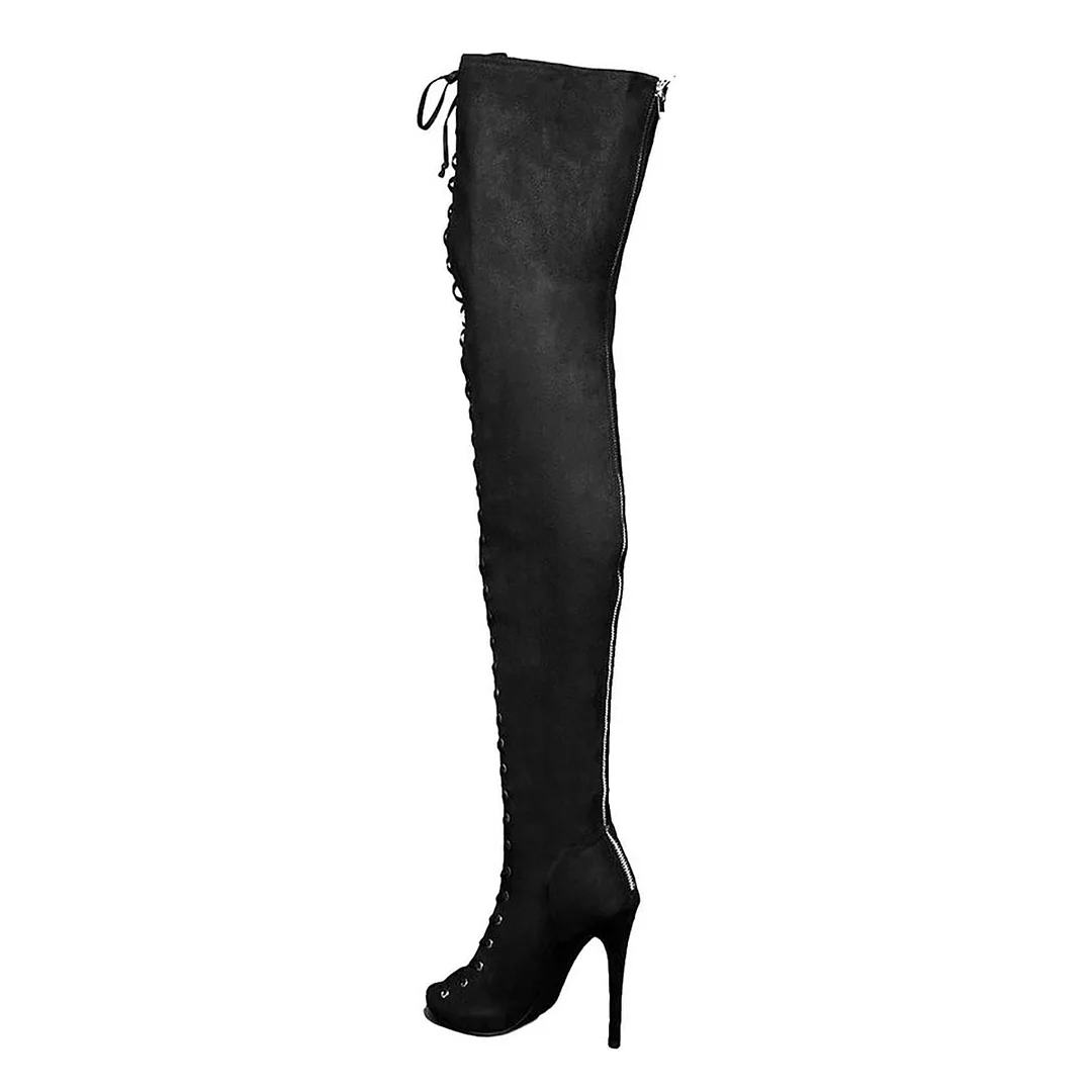 Women's Peep Toe Lace Up Black Thigh High Boots with Back Zipper
