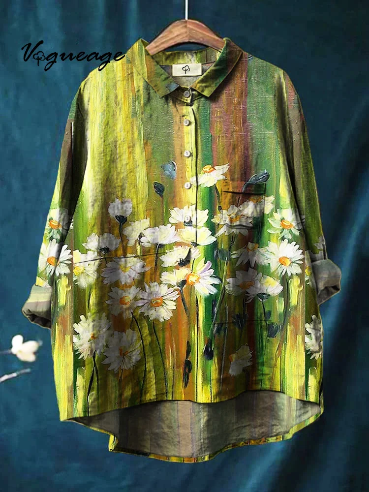 Elegant Beautiful And Comfortable Flowers Print Cotton And Linen Shirt