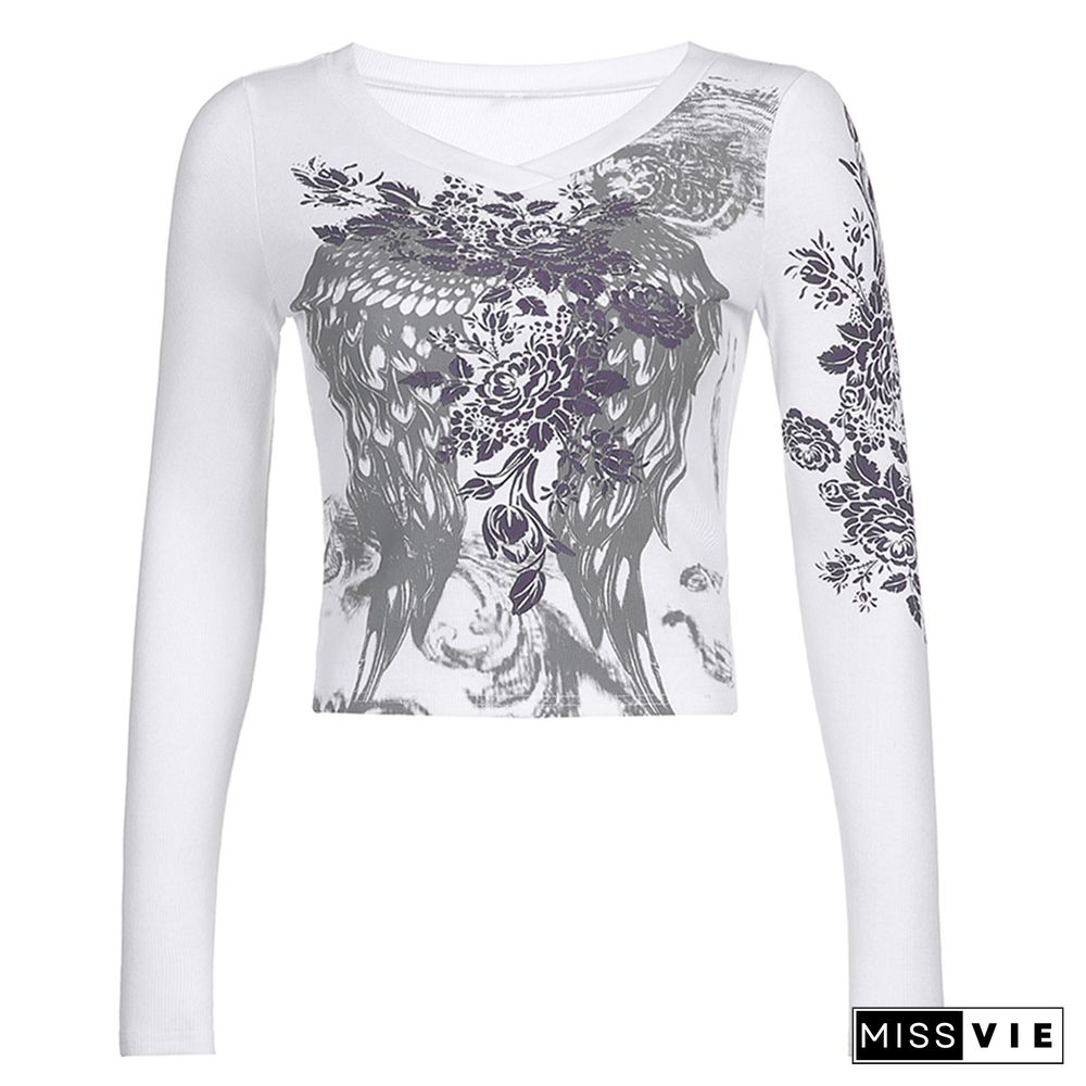 Autumn Spring Women’s Harajuku Vintage Long Sleeve T-shirt Feather Wing Flower Printed Y2K Aesthetic Female Mujer Slim Fit Tops