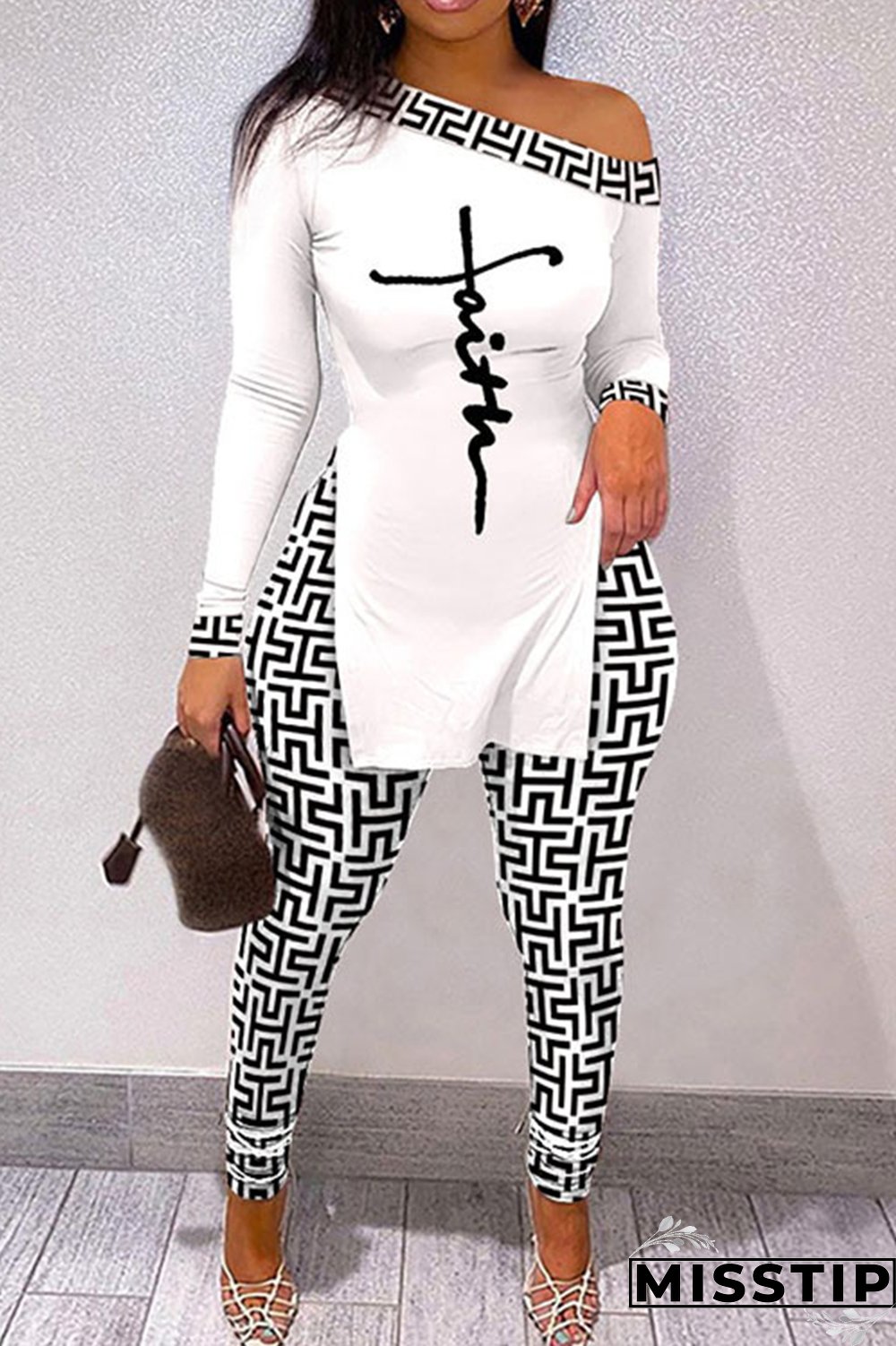 Gray White Street Print Patchwork One Shoulder Long Sleeve Two Pieces