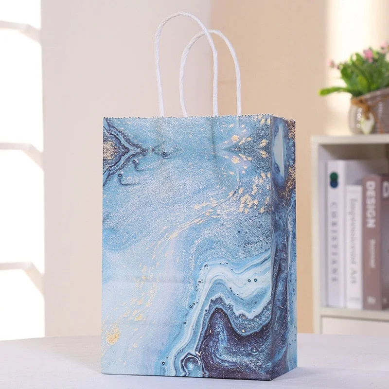 5pcs Marble Design Kraft Paper Gift Bag with Handle Birthday Party Packaging Bag Wedding Favors Eid Ramadan Festival Supplies