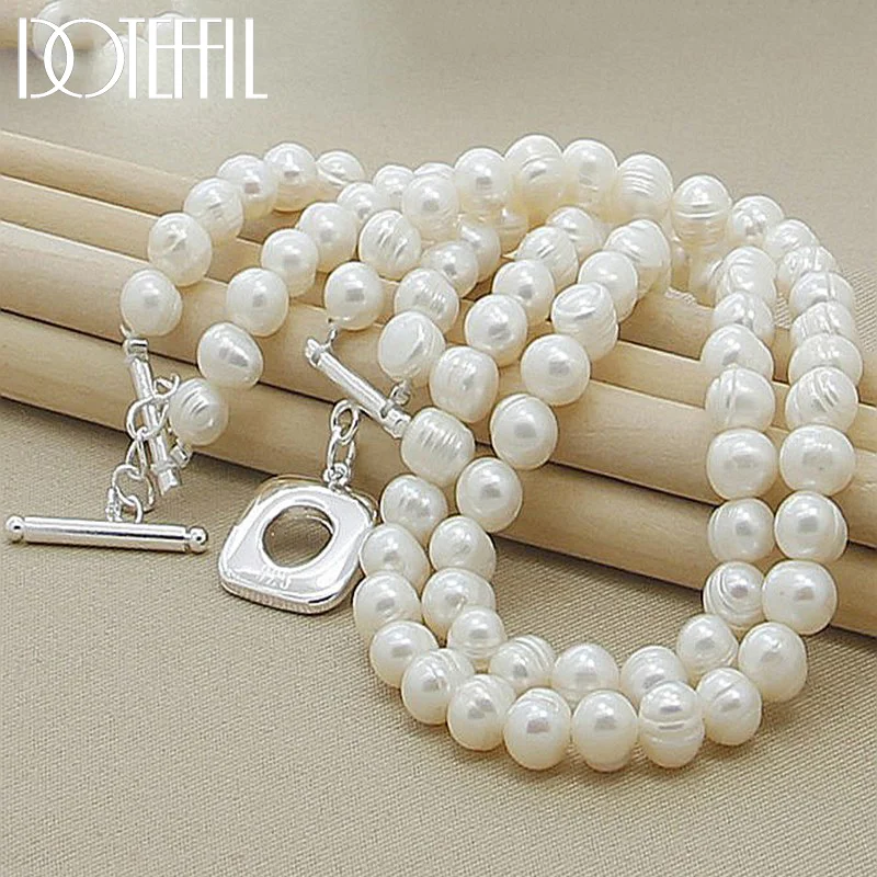 DOTEFFIL 8mm Double White Natural Pearls Chain Necklace 925 Sterling Silver For Women Jewelry