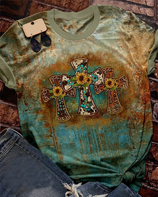 Retro Western Cross Leopard Print Short Sleeve T-shirt