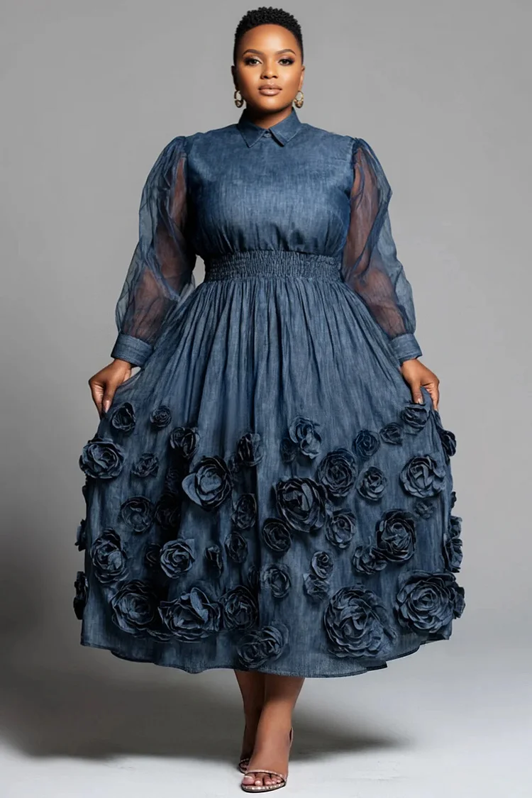 Xpluswear Design Plus Size Prom Blue Shirt Collar Long Sleeve 3D Elegant Tencel Denim Midi Dresses 2024 - Xpluswear