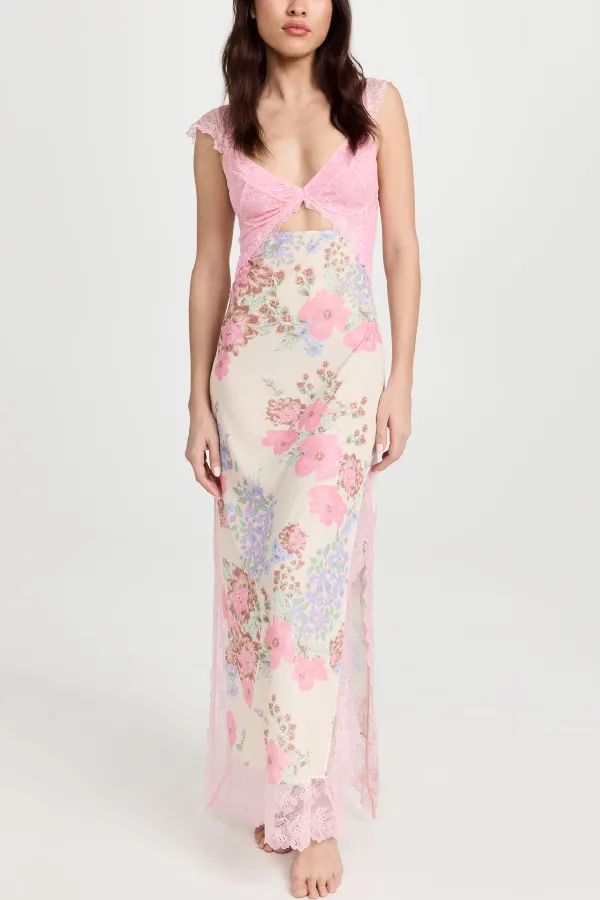 Floral Print Lace Patchwork Hollow-out Slim-fit Midi Dress