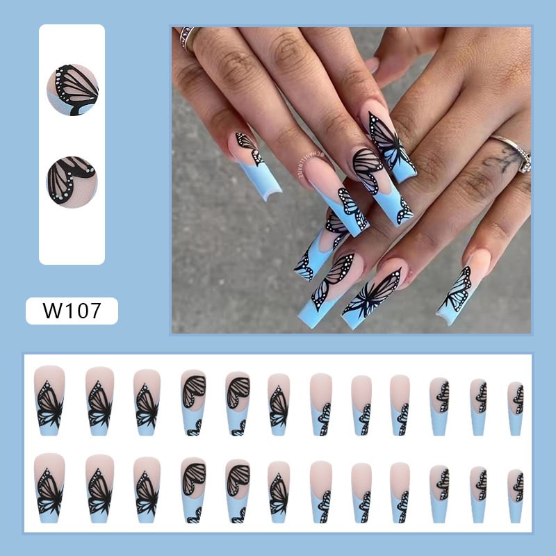 Agreedl Blue French Ballet False Nails With Black Butterfly Design Acrylic Wearable Fake Nail Tips Fashion Press On Nails Tool