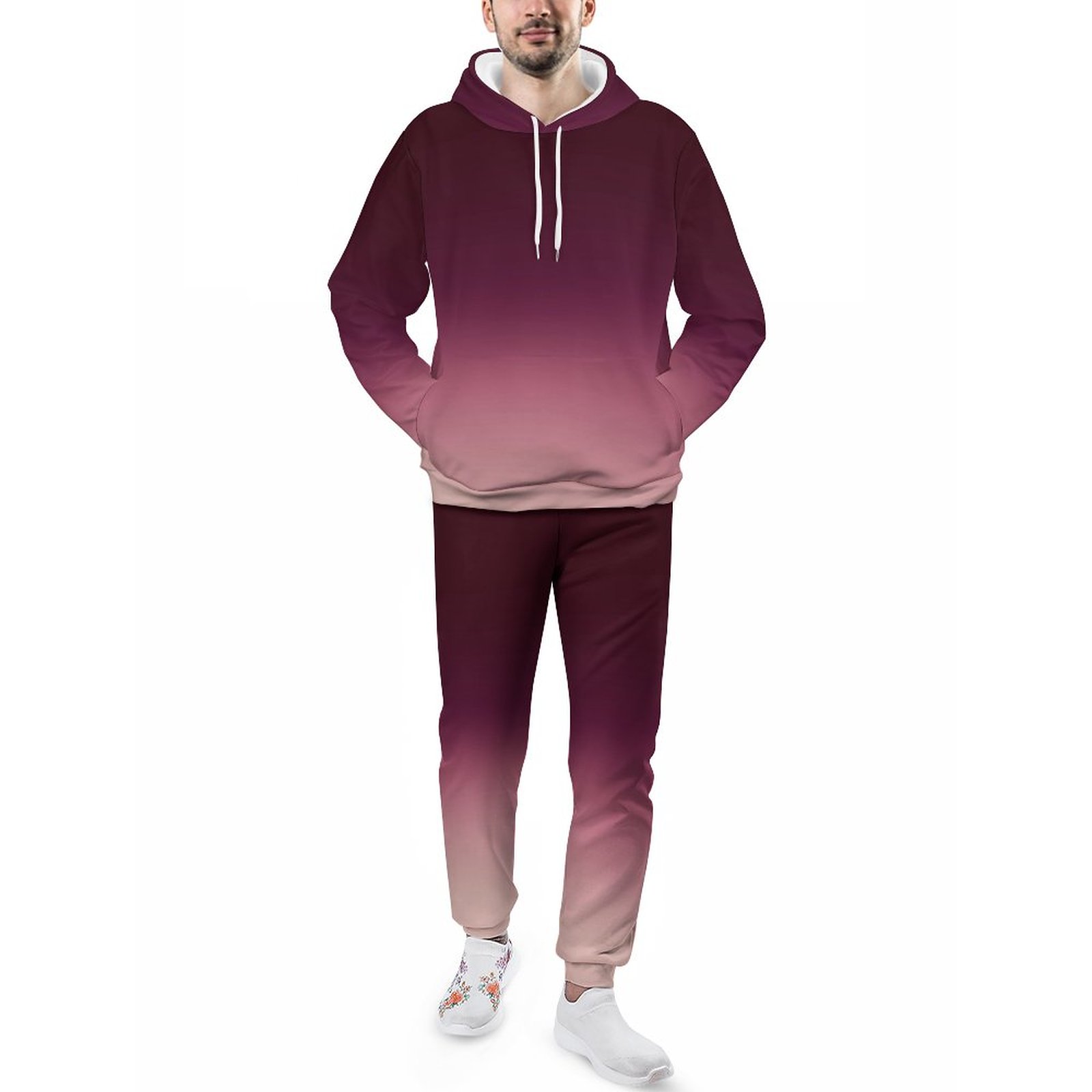 Burgundy Wine Red Ombre Elegant Gradient Men's Sweatsuits Set Guys Casual Athletic Pullover And Sweatpants Suit Outfit