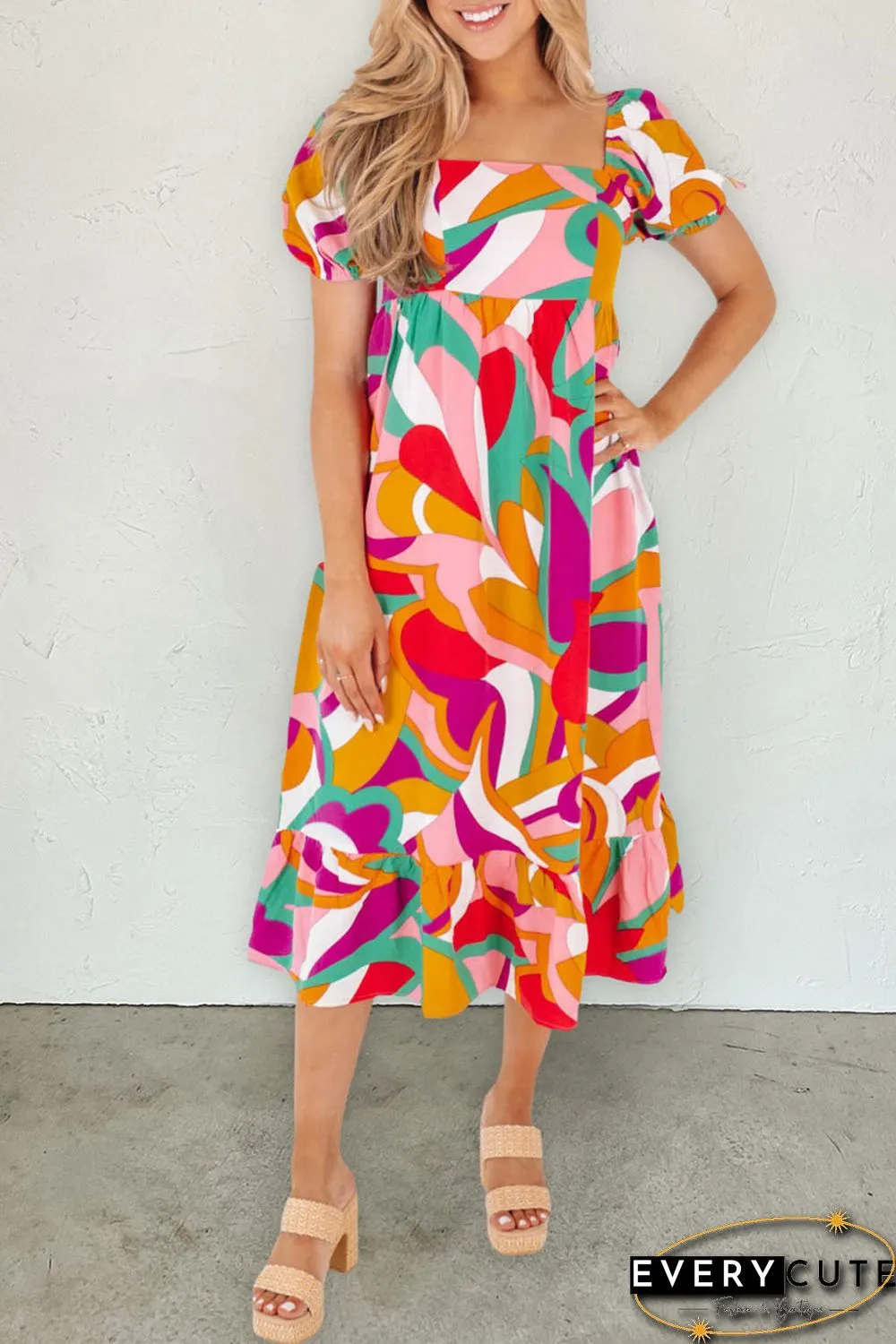 Red Abstract Print Square Neck Flowy Midi Dress