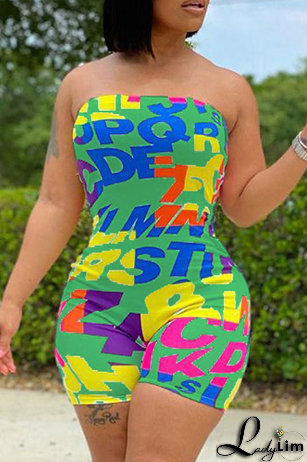 White Fashion Sexy Letter Print Backless Strapless Skinny Romper