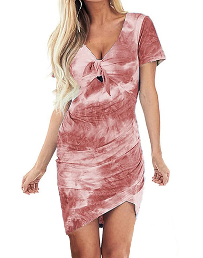 Irregular V-neck tie-dye print dress