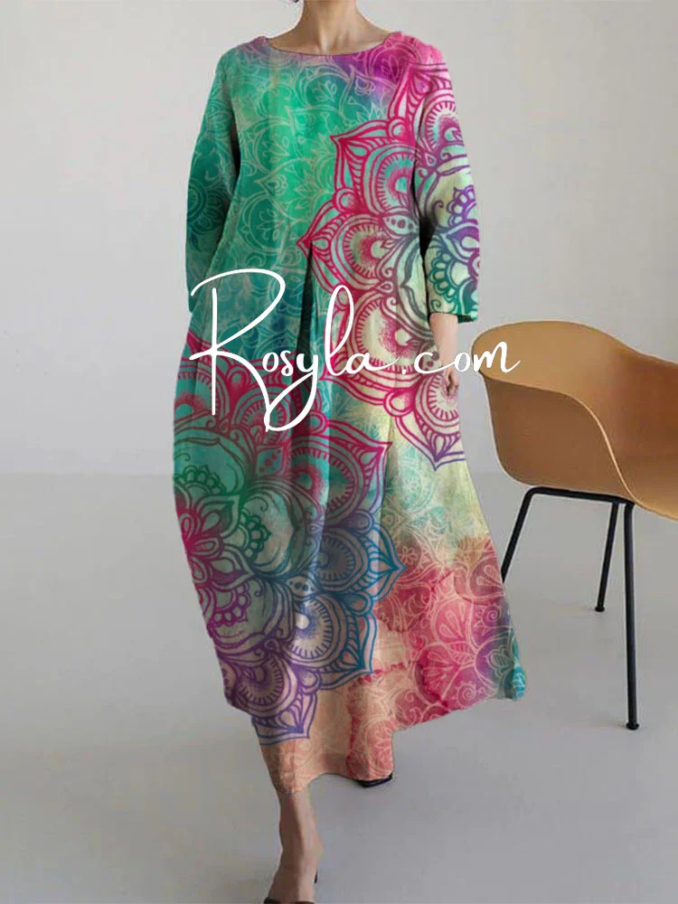 Women's Art Vintage Floral Loose Round Neck Medium Length Skirt Dress
