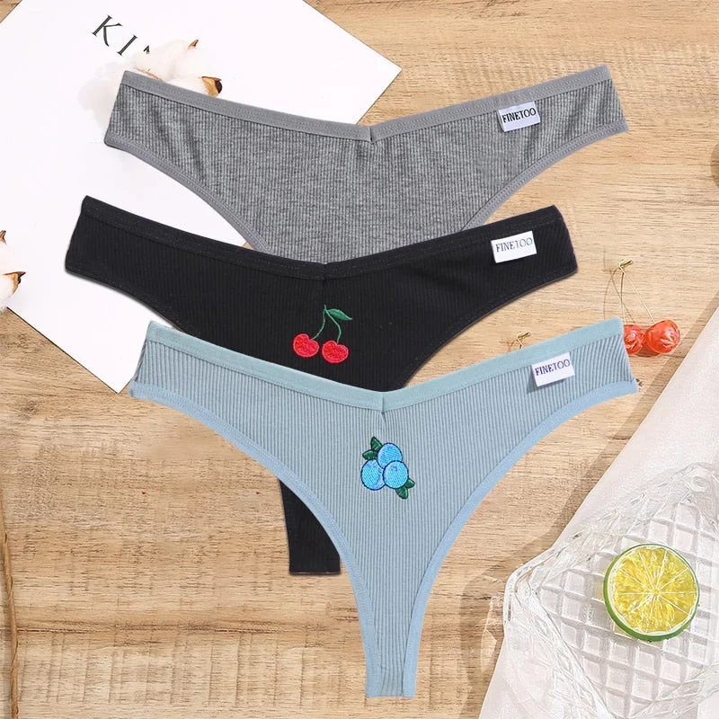 FINETOO 2/3PCS Women Lingerie Fruit Embroidery Panties G-string Sexy Low Rise Cotton Thongs Girl Underwear V-Waist Female Pantys