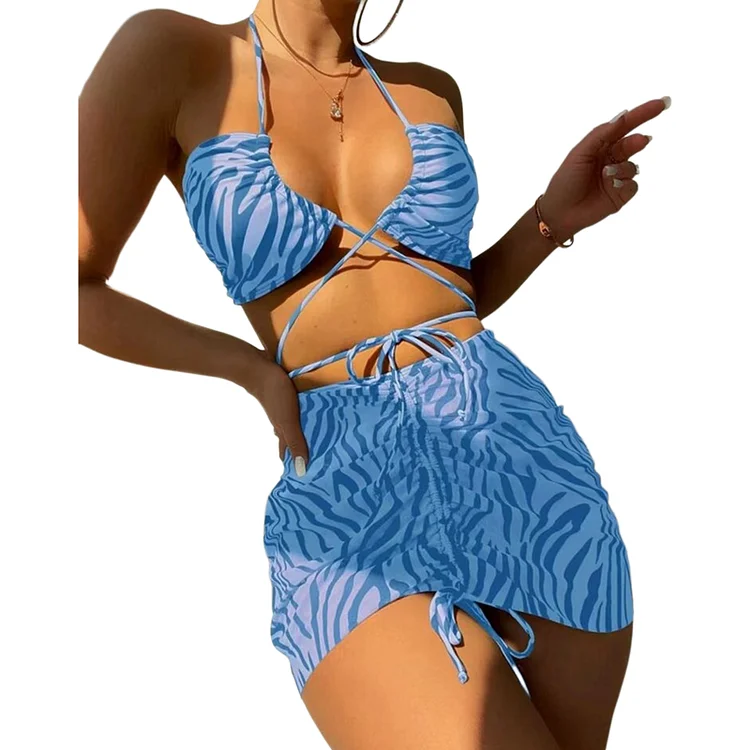 Women Bathing Suits Halter 3 Piece Swimsuits for Water Sport with Cover Up Skirt-Annaletters