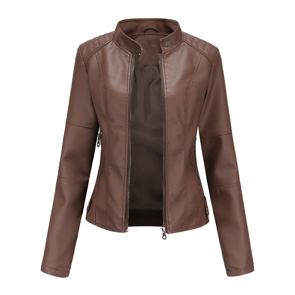 Slim-fit Stand-collar Leather Jacket Woman Biker Jacket
