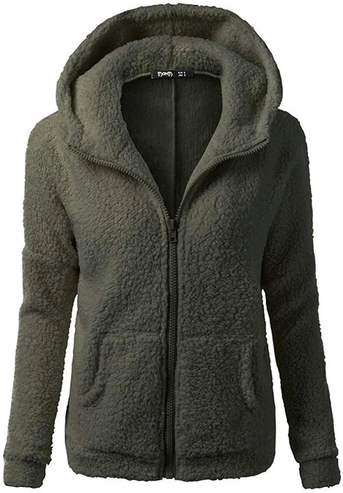 Women Sherpa Sweater Coat Winter Warm Wool Zipper Coat Cotton with Pocket Hooded