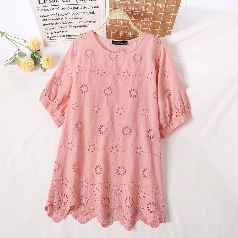 Stylish Summer Lace Tops ZANZEA 2022 Women Embroidery Blouses Short Sleeve Blusas Female Casual O neck Tunic Oversized Chemise
