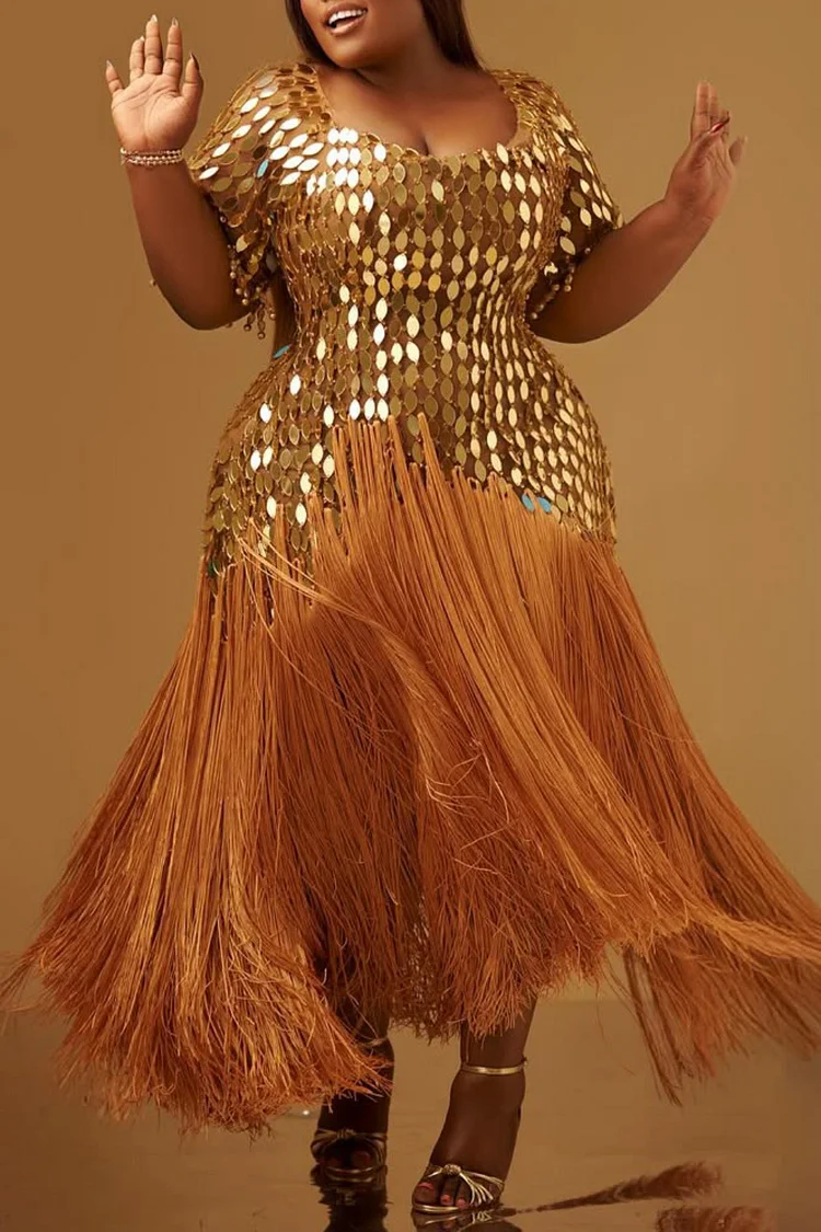 Plus Size Cocktail Party Gold Round Neck Short Sleeve Strappy Flapper Bodycon Sequin Maxi Dresses [Pre-Order] 2024 - Xpluswear