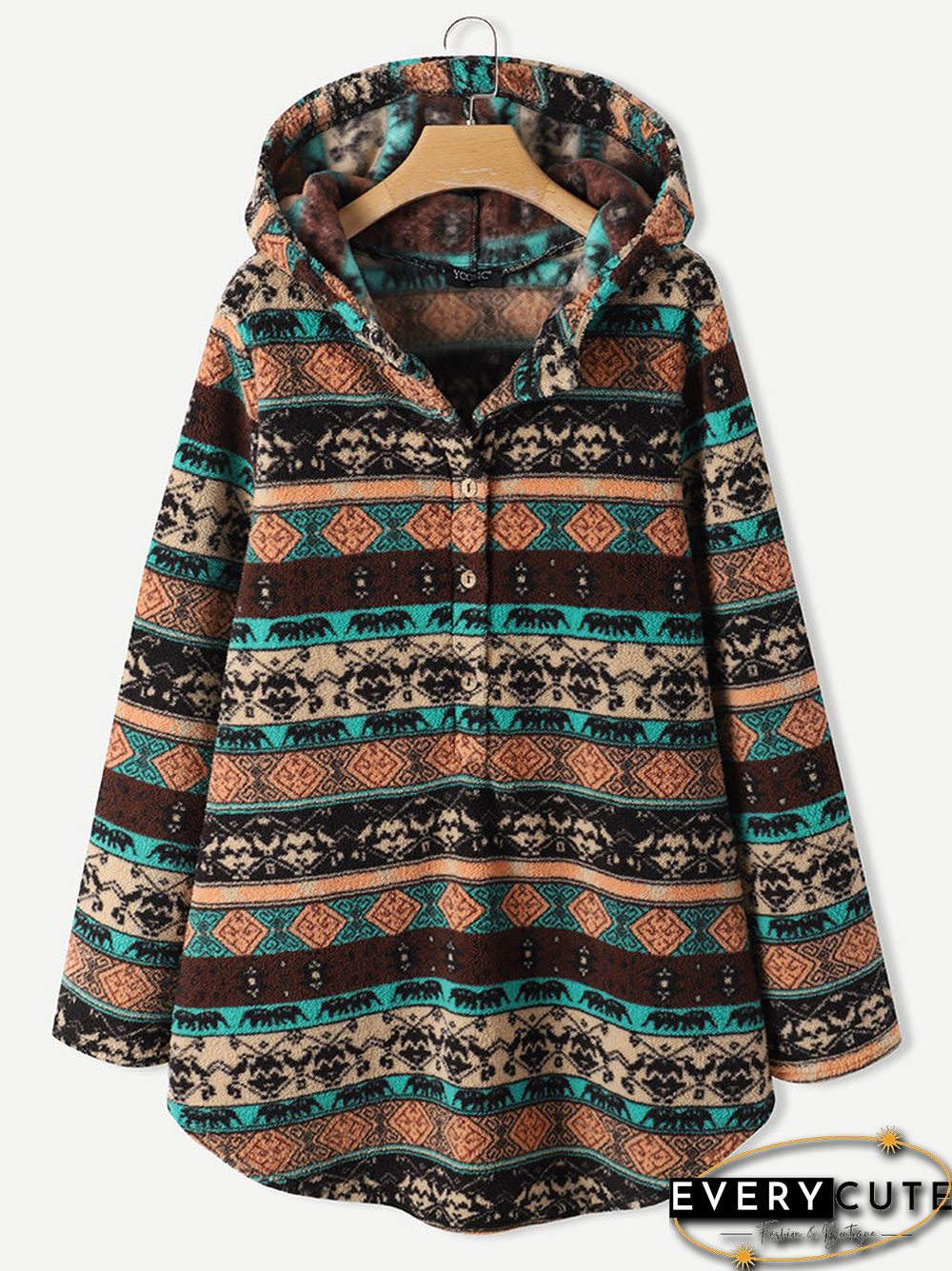 Vintage Ethnic Pattern Print Pocket Hooded Casual Coat for Women