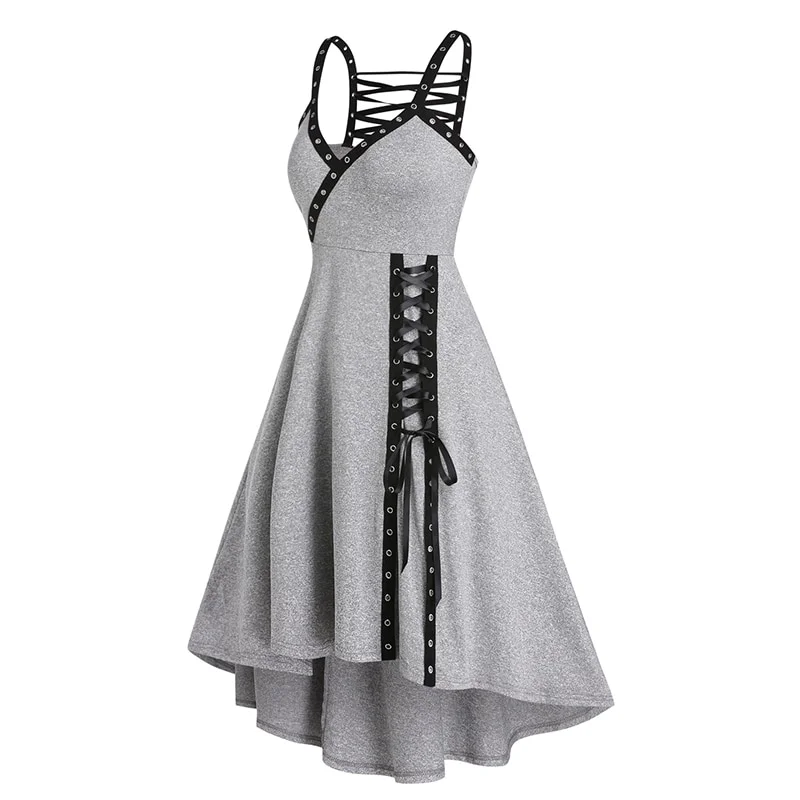 Zingj Fire Print Eyelets Asymmetric Dress Irregular Zippered Gothic Jurken Streetwear Femme Dresses