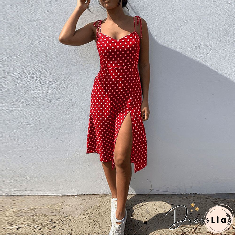 Dresses Sundress Summer Women Causal Polka Dot Sleeveless High Pleated Elastic Waist V-Neck Beach Dress Vestidos De Verano