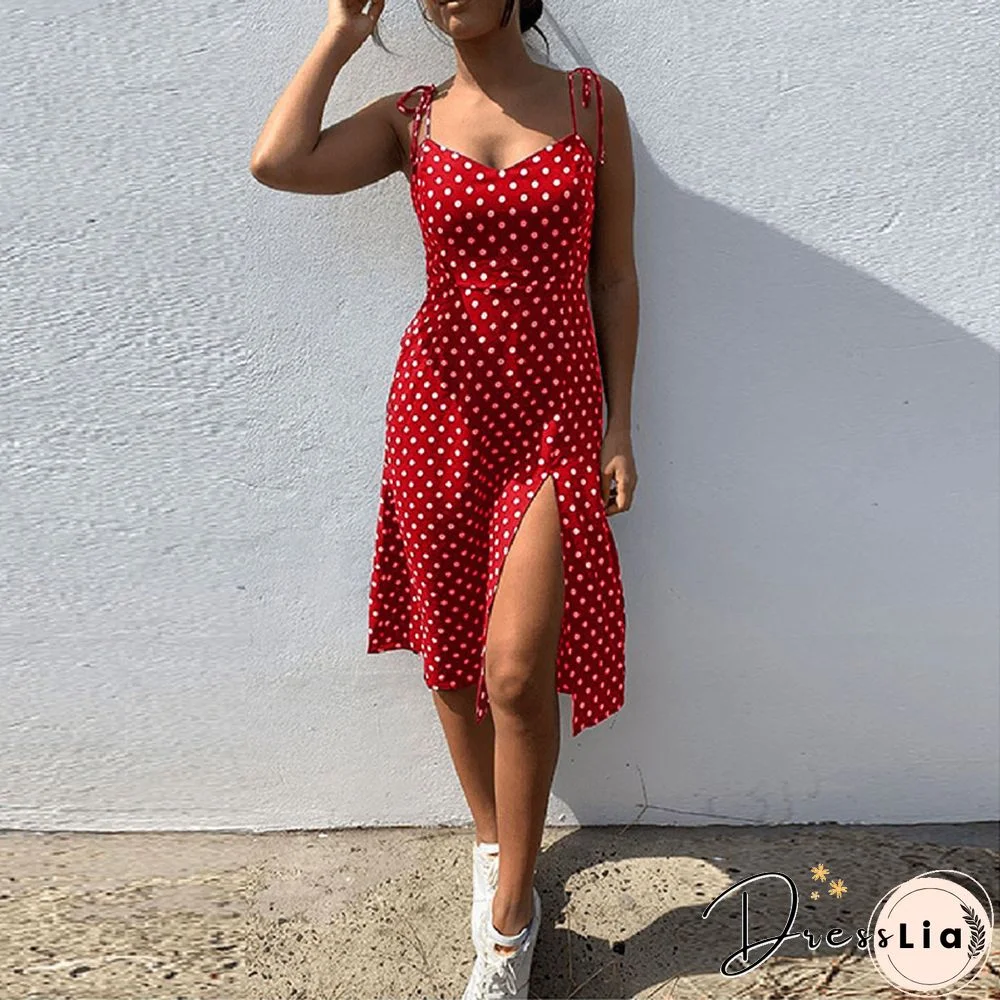 Dresses Sundress Summer Women Causal Polka Dot Sleeveless High Pleated Elastic Waist V-Neck Beach Dress Vestidos De Verano