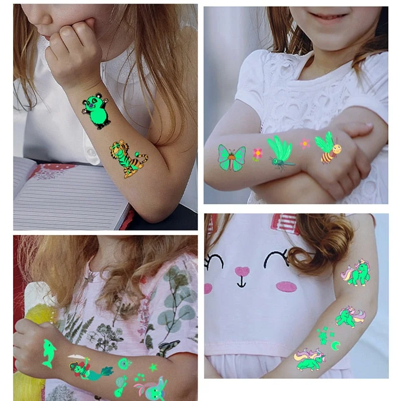 10pcs/Lot Luminous Night Children Temporary Fake Tattoos Dark In Glow Animal Cartoon Car Fairy Mermaid Space Tiger Kids Sticker