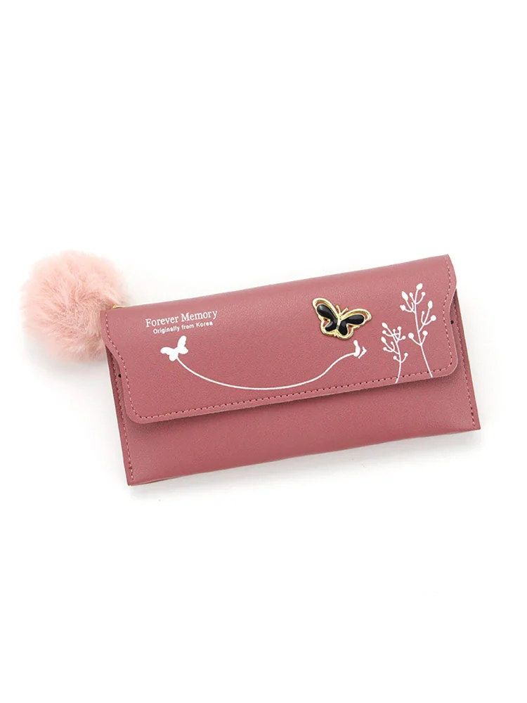 Women PU Flap Wallet with Plush Ball Lady Butterfly Coin Purse (Rose Red)