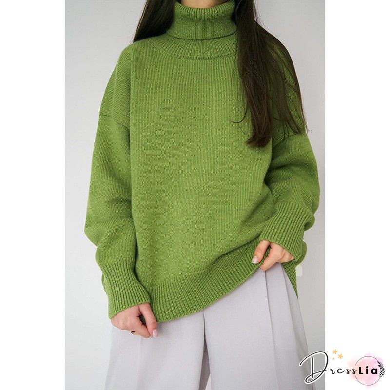 Green Turtleneck Knitted Casual Solid Sweater