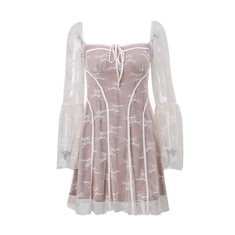 Uveng Uveng Women's Wear 2023 New Ballet Style Sexy Pure Desire Lace-Up Strapless Lace Print Long-Sleeved Dress
