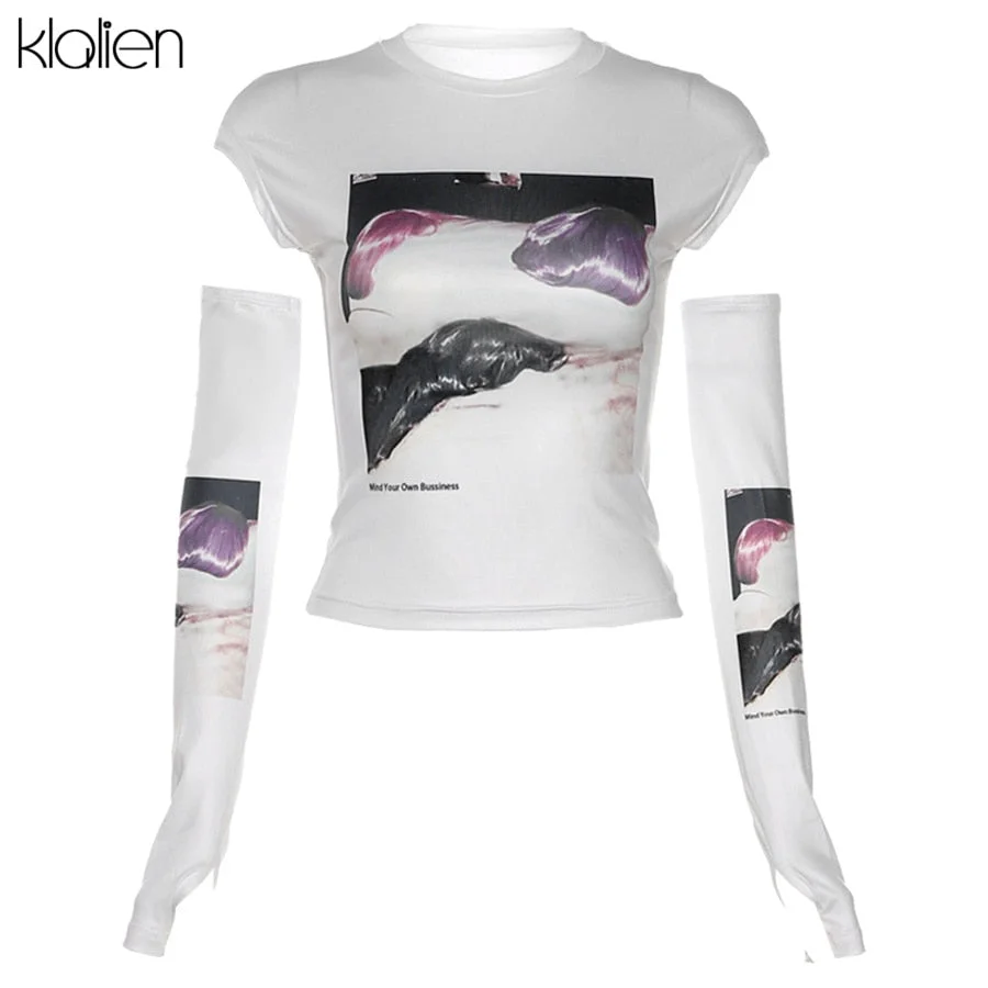 KLALIEN Women Casual White Print Slim Skinny Stretch Removable Sleeves O Neck Female T Shirt 2022 New Spring Summer Women Top