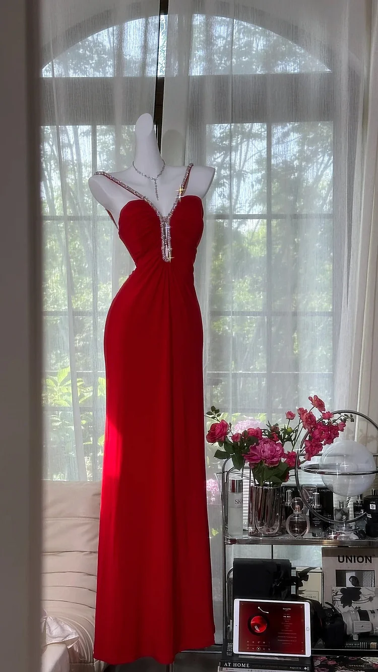 Red rhinestone long satin ball gown evening dress party dress date dress prom dress