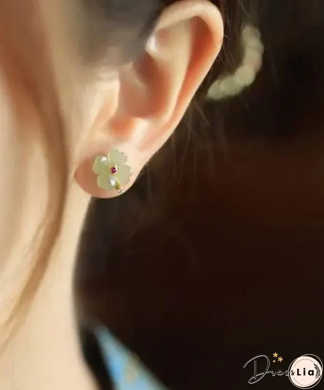 Women Light Green Sterling Silver Jade Zircon Four Leaf Clover Stud Earrings