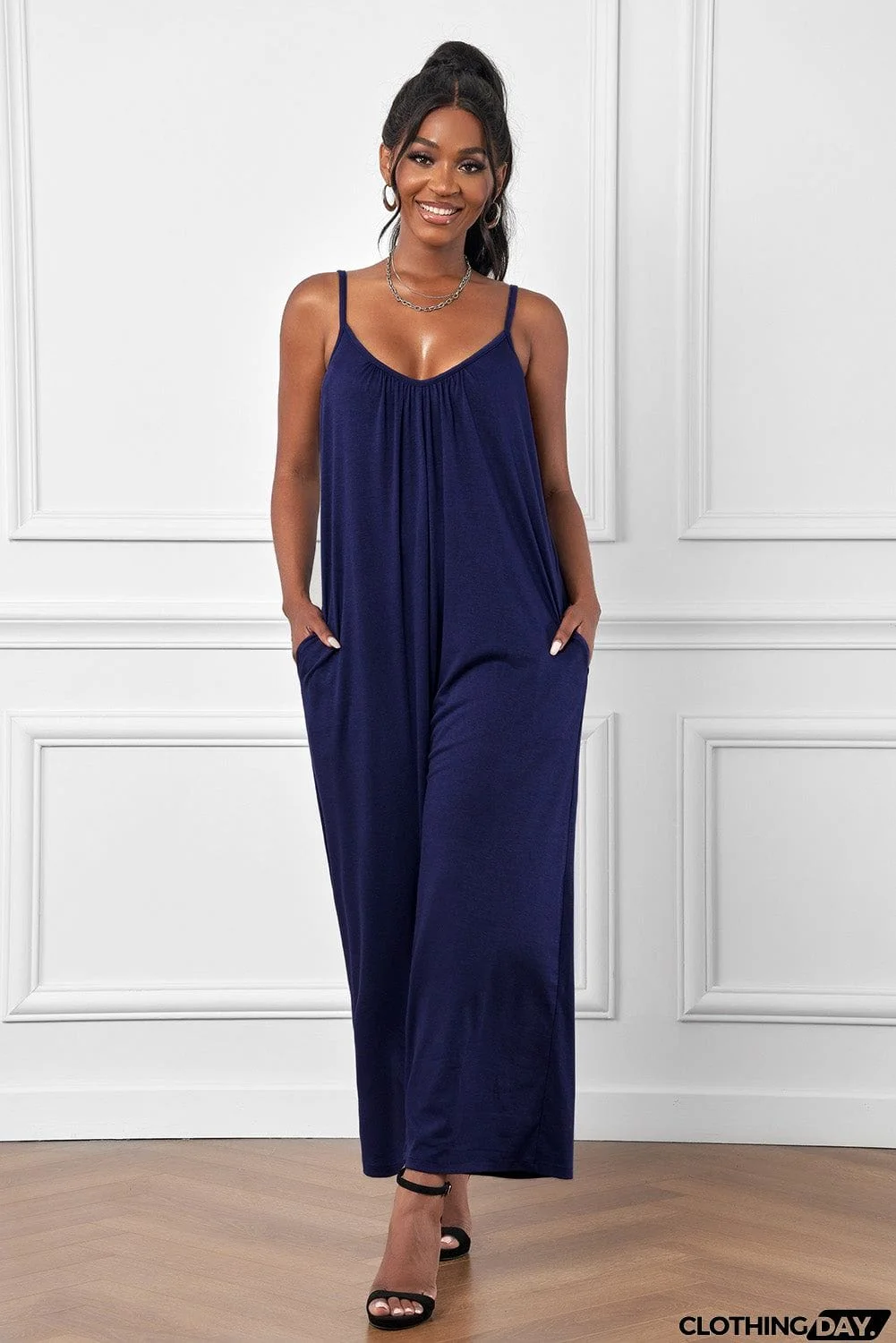 Spaghetti Straps Wide Leg Pocketed Jumpsuits