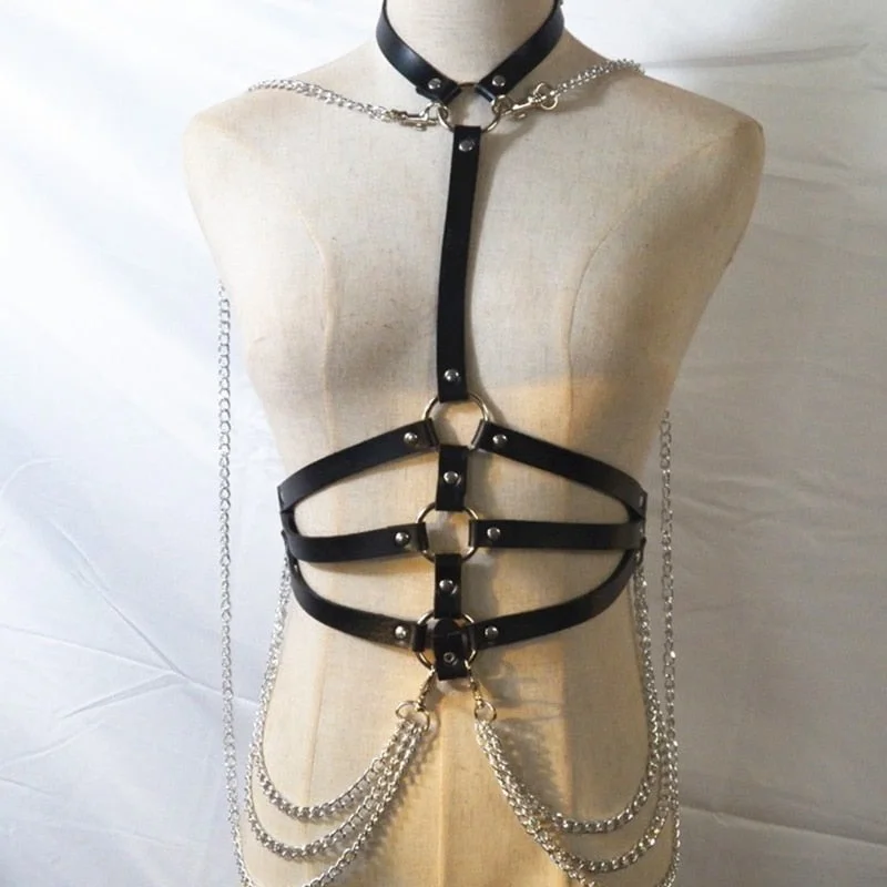 InsGoth Sexy Women Leather Belt Gothic Harajuku Leather Chain Halter Belt Adjustable Bondage Holographic Metal Chain Harness