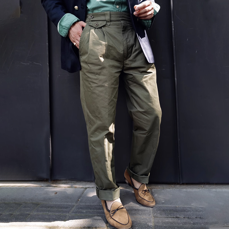 Men's Vintage Pleated Army Green Casual Trousers