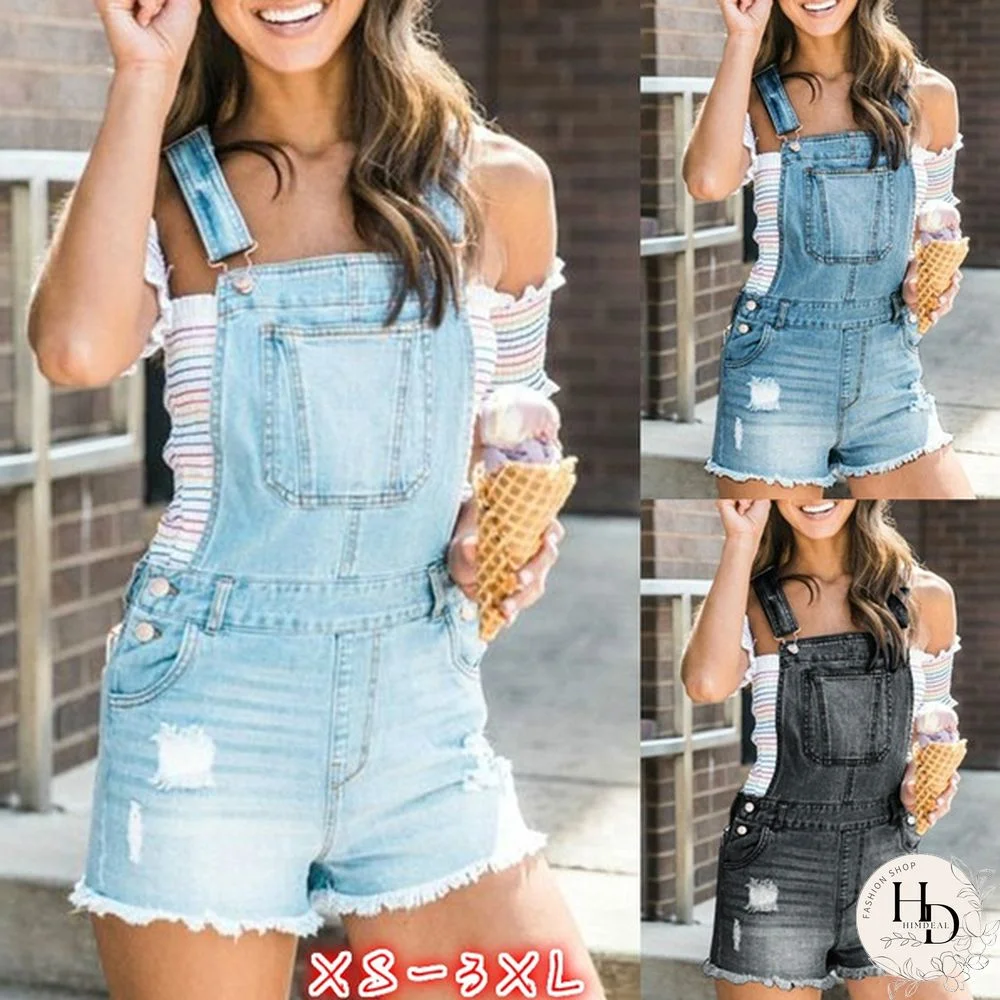 Women Fashion Denim Jumpsuit Summer Solid Color Ripped Jeans Romper Shorts Female Raw Edge Hem Trendy Overalls Denim Bib Pants Plus Size XS-3XL