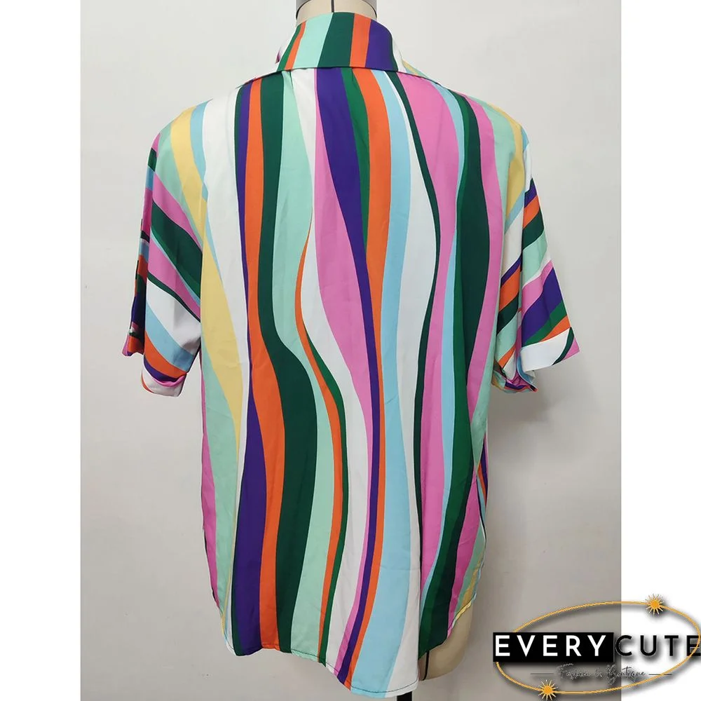 Green Striped Print Pullover Short Sleeve Shirt
