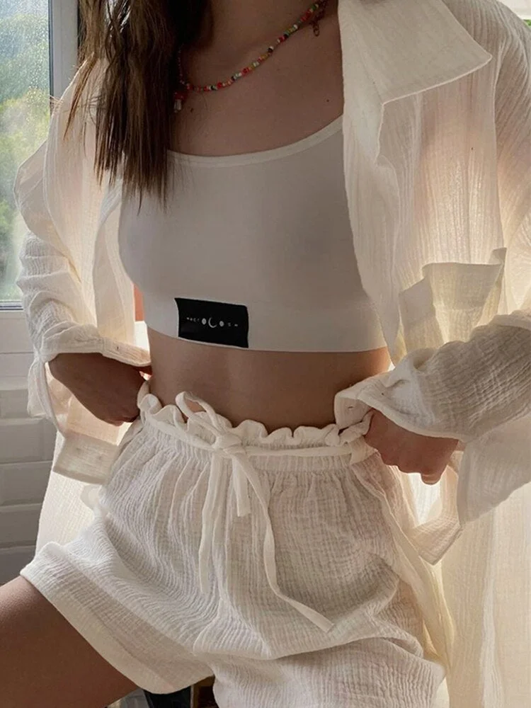 WannaThis Lace Up Shorts Female 2 Piece Clothing Sets Turn Down Collar Loose Long Sleeve Korean Fashion Top Button Women's Suits