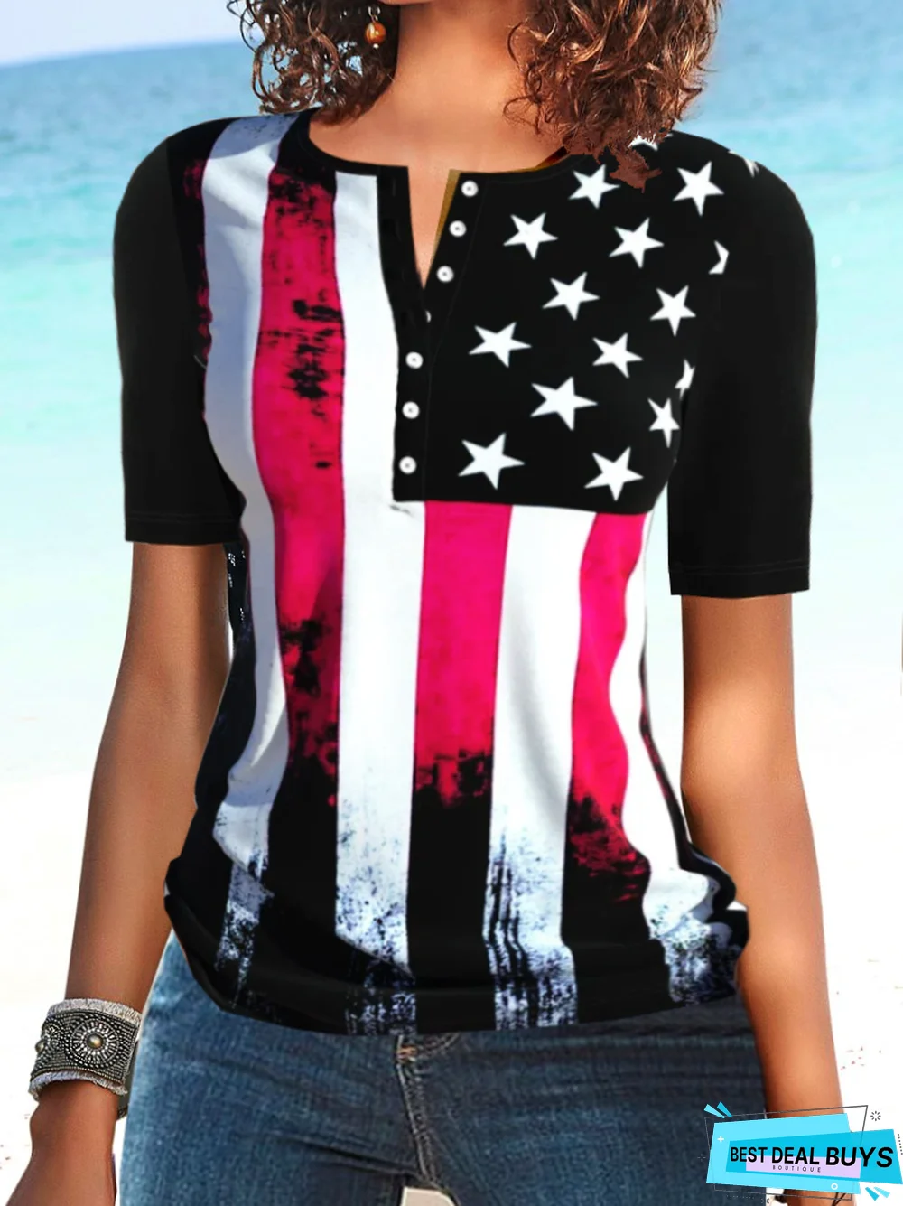 Casual Henley Printed Short Sleeve T-Shirt