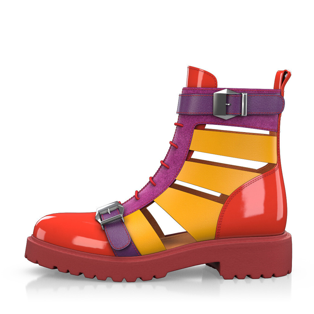 Multicolor Round Toe Chunky Heel Lace-Up Strappy Combat Boots Nicepairs