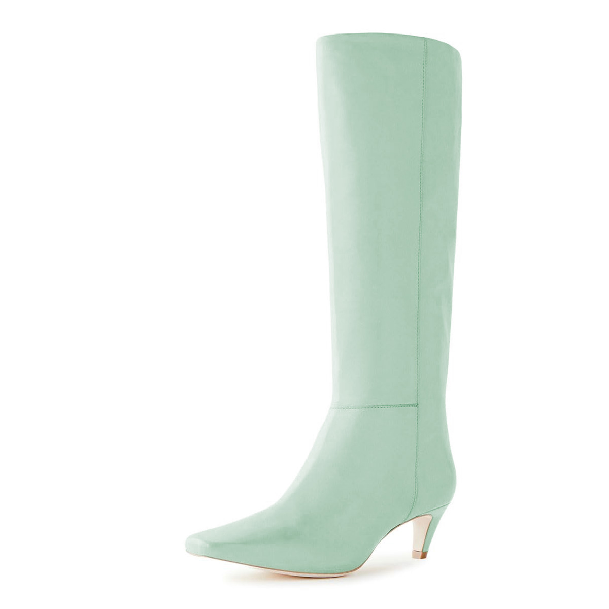 Green Pull-On Kitten Heel Knee High Boots for Women with Square Toe Nicepairs