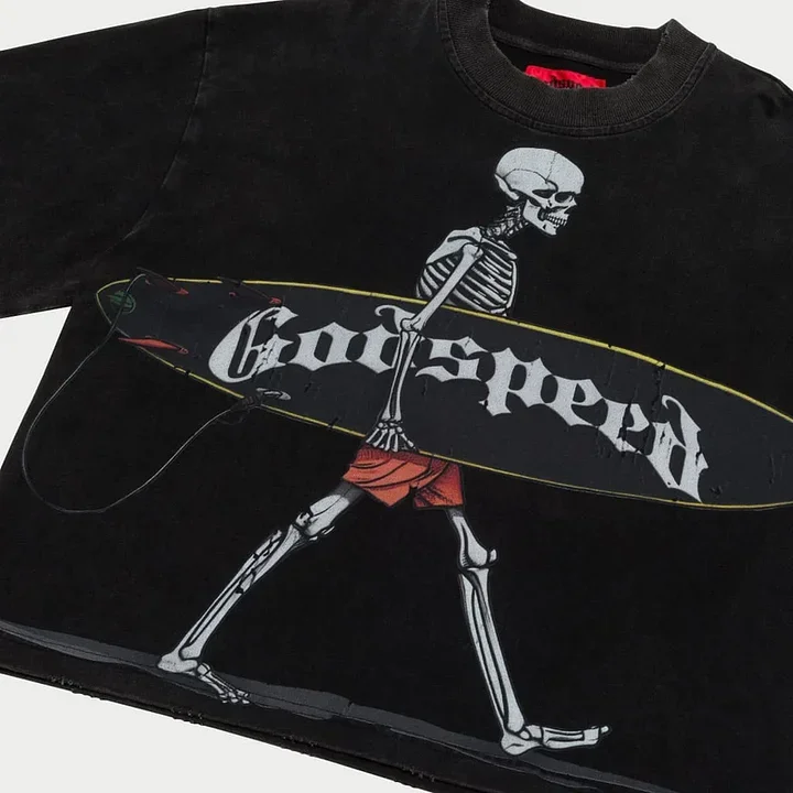 Godspeed T Shirt Skeleton Surfer Graphic Black Streetwear